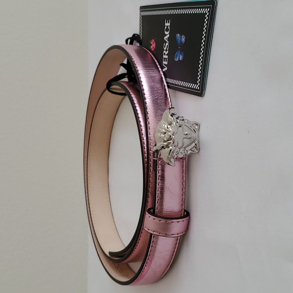 New Versace La Medusa Pink Metallic Skinny Leather Belt Sz 95 - 38 in